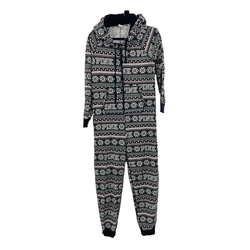 Victoria's Secret PINK Pajamas Womens Small One Piece Black Sherpa Fair Isle